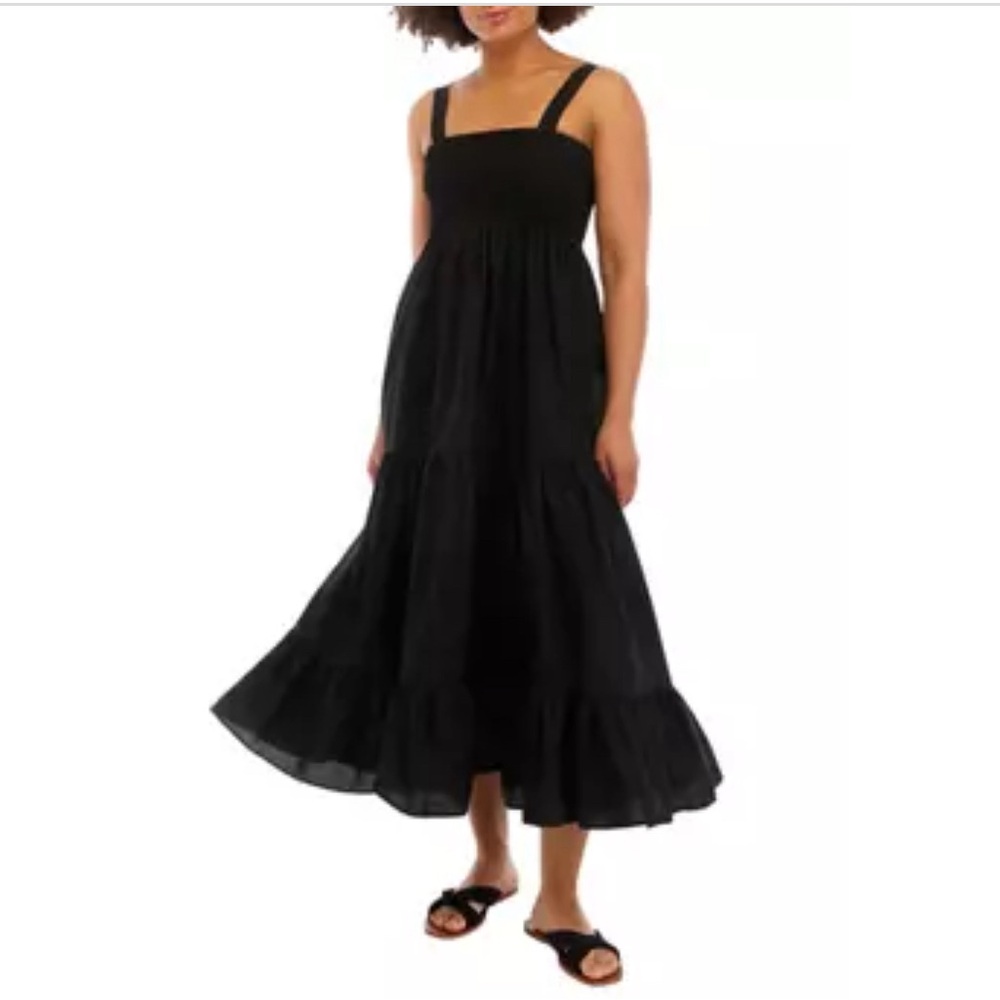 Chelsea & Theodore Black Square Neck Smocked Bodice Sleeveless Summer Dress